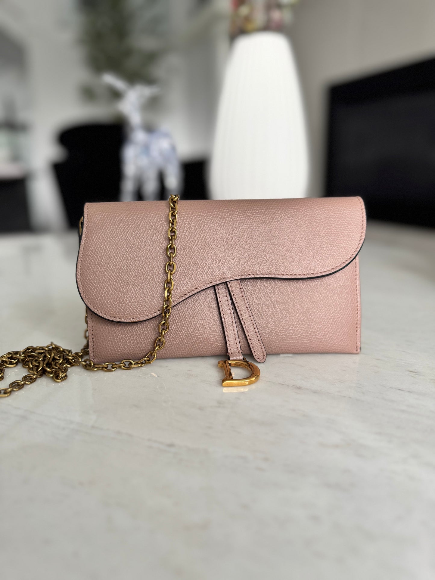 Christian Dior Saddle pouch on chain. Dusty pink