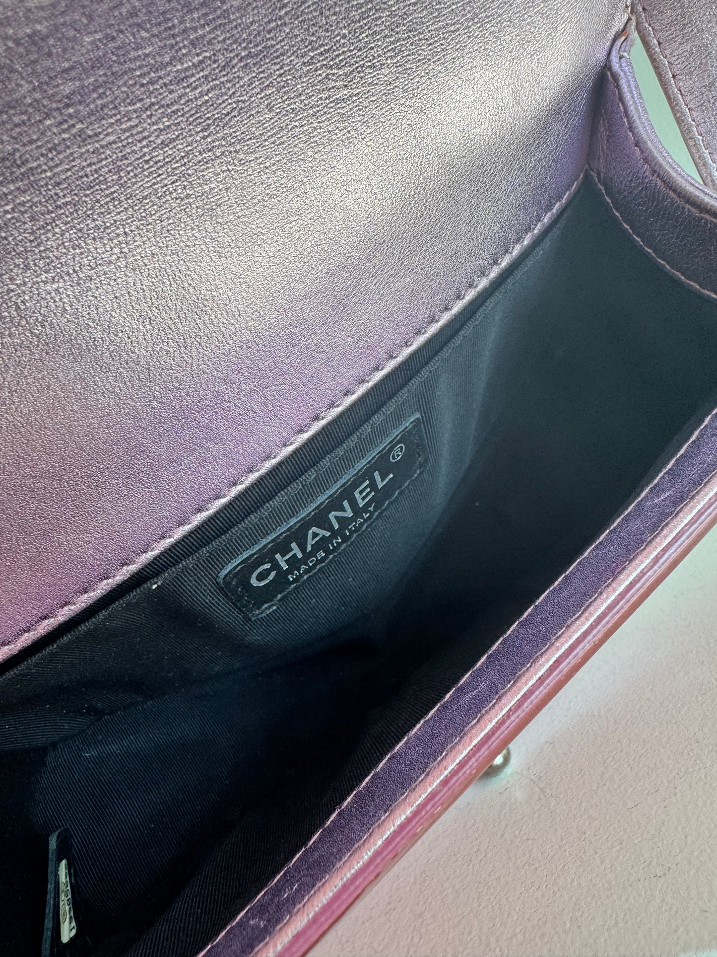 Chanel Metallic Patent Calfskin Quilted Small Boy Flap, Pink