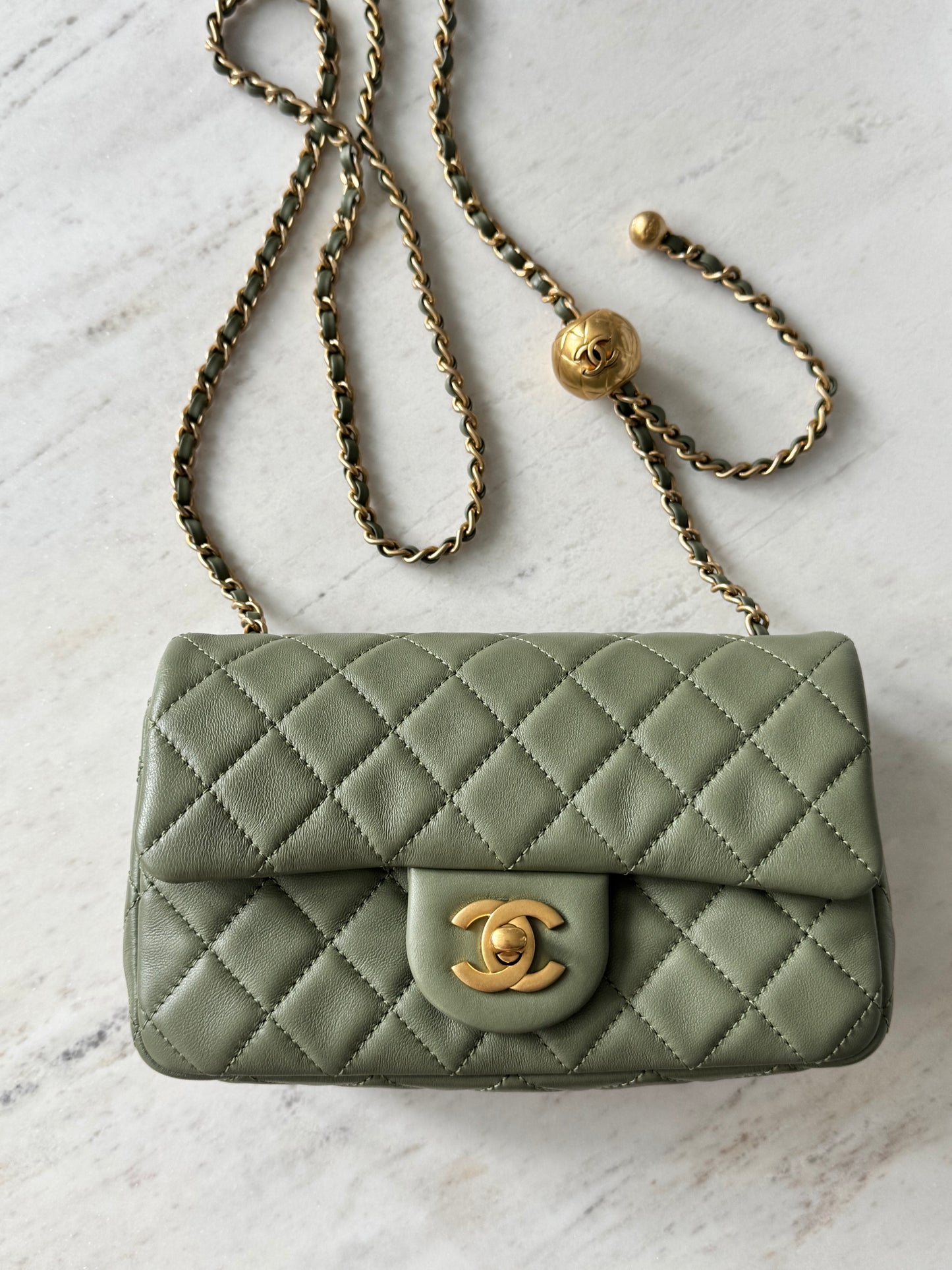 Chanel mini pearl crush olive green lambskin ghw