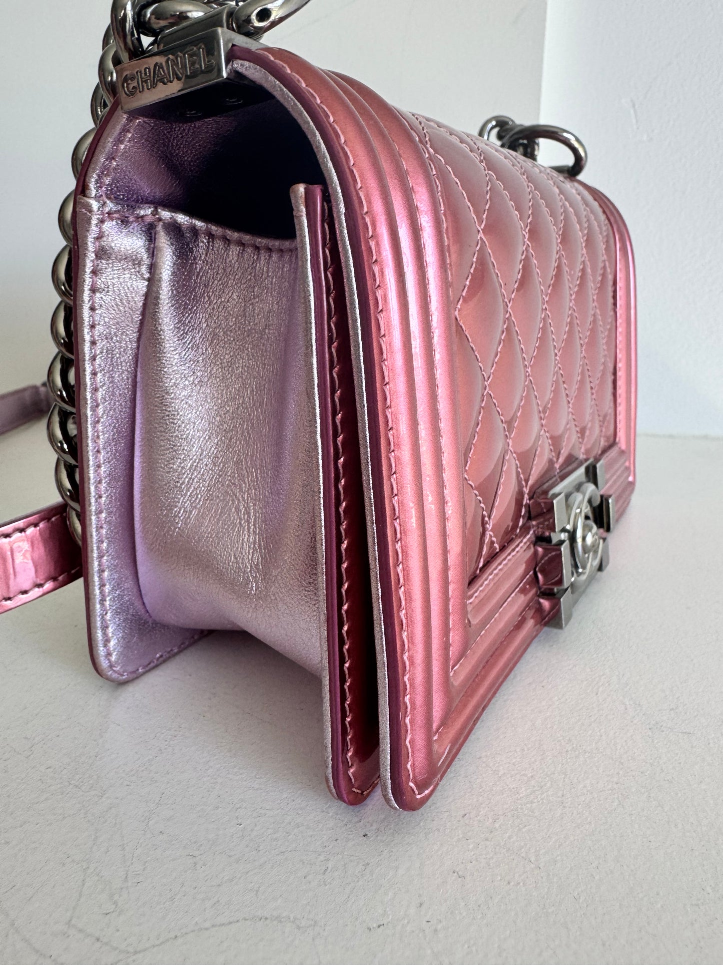 Chanel Metallic Patent Calfskin Quilted Small Boy Flap, Pink