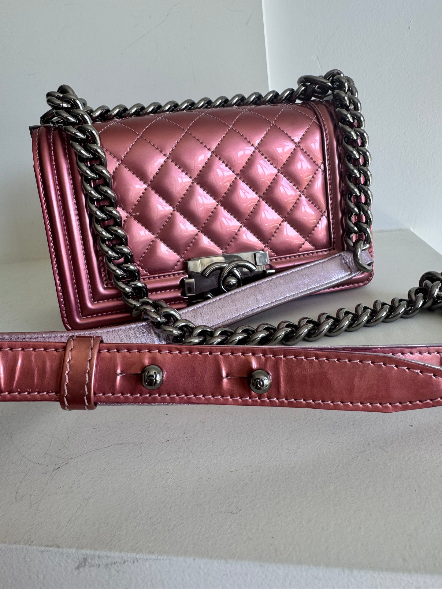 Chanel Metallic Patent Calfskin Quilted Small Boy Flap, Pink