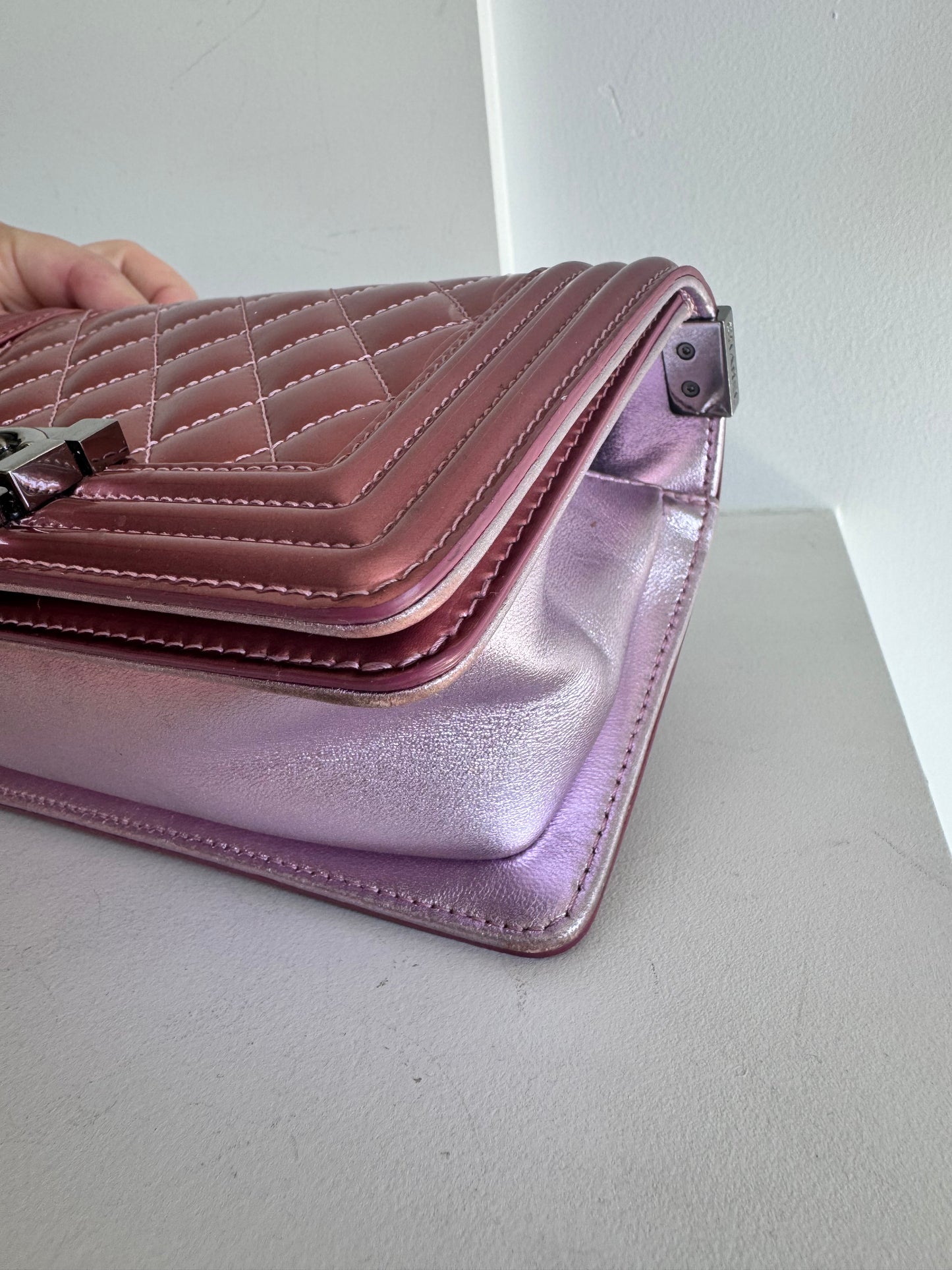 Chanel Metallic Patent Calfskin Quilted Small Boy Flap, Pink