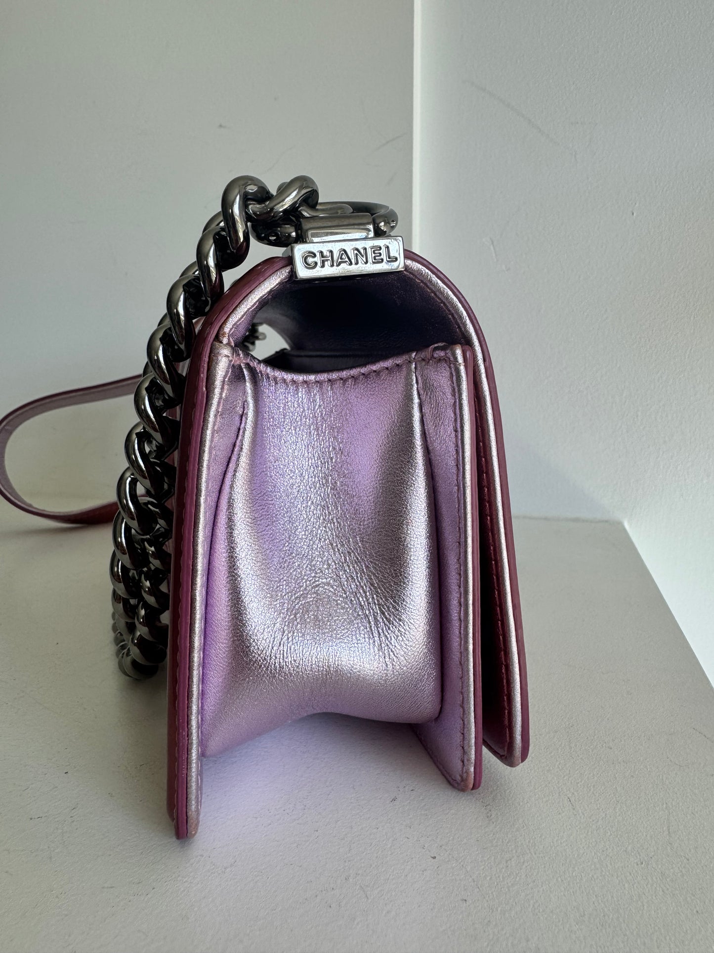Chanel Metallic Patent Calfskin Quilted Small Boy Flap, Pink