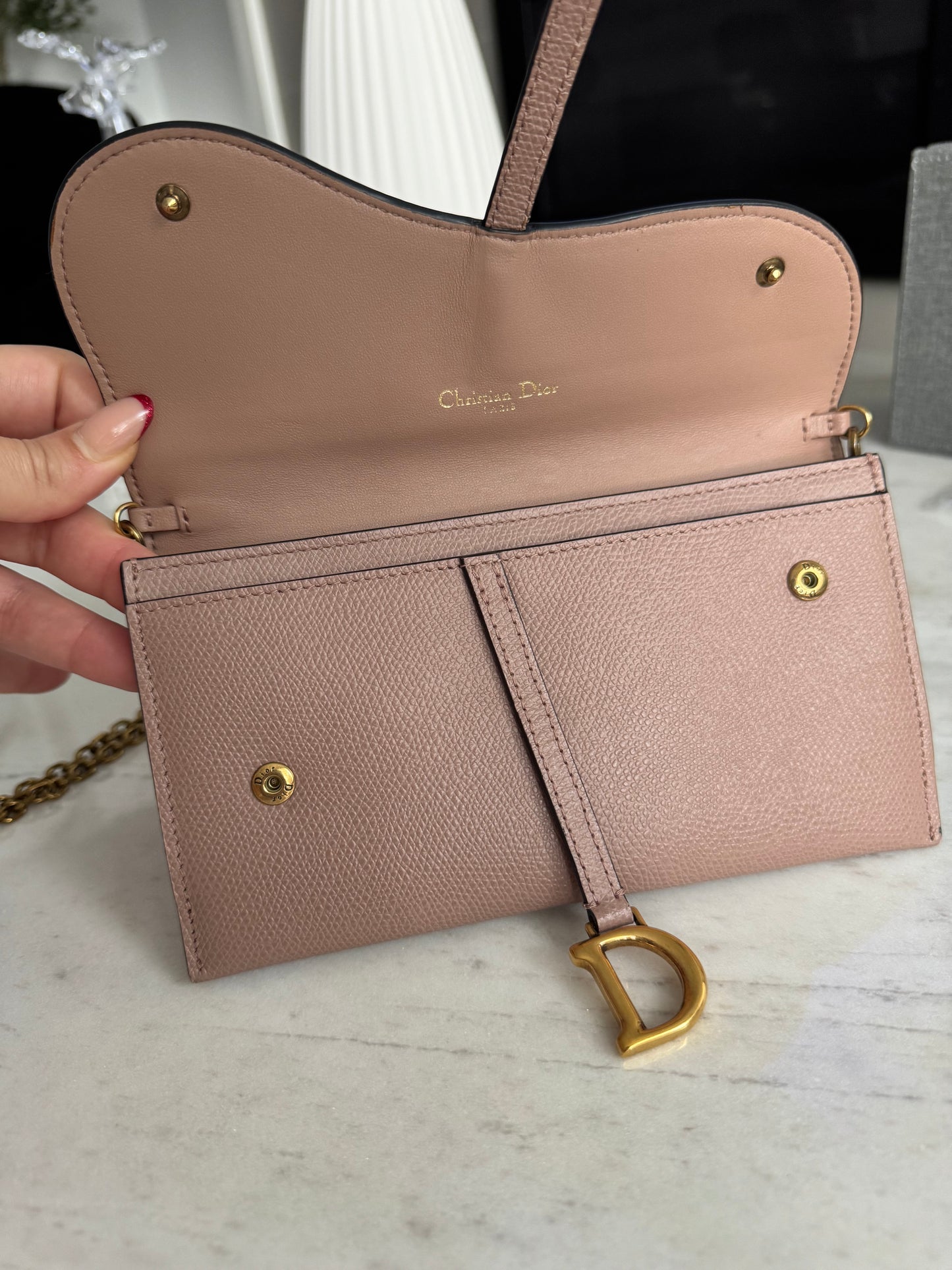 Christian Dior Saddle pouch on chain. Dusty pink