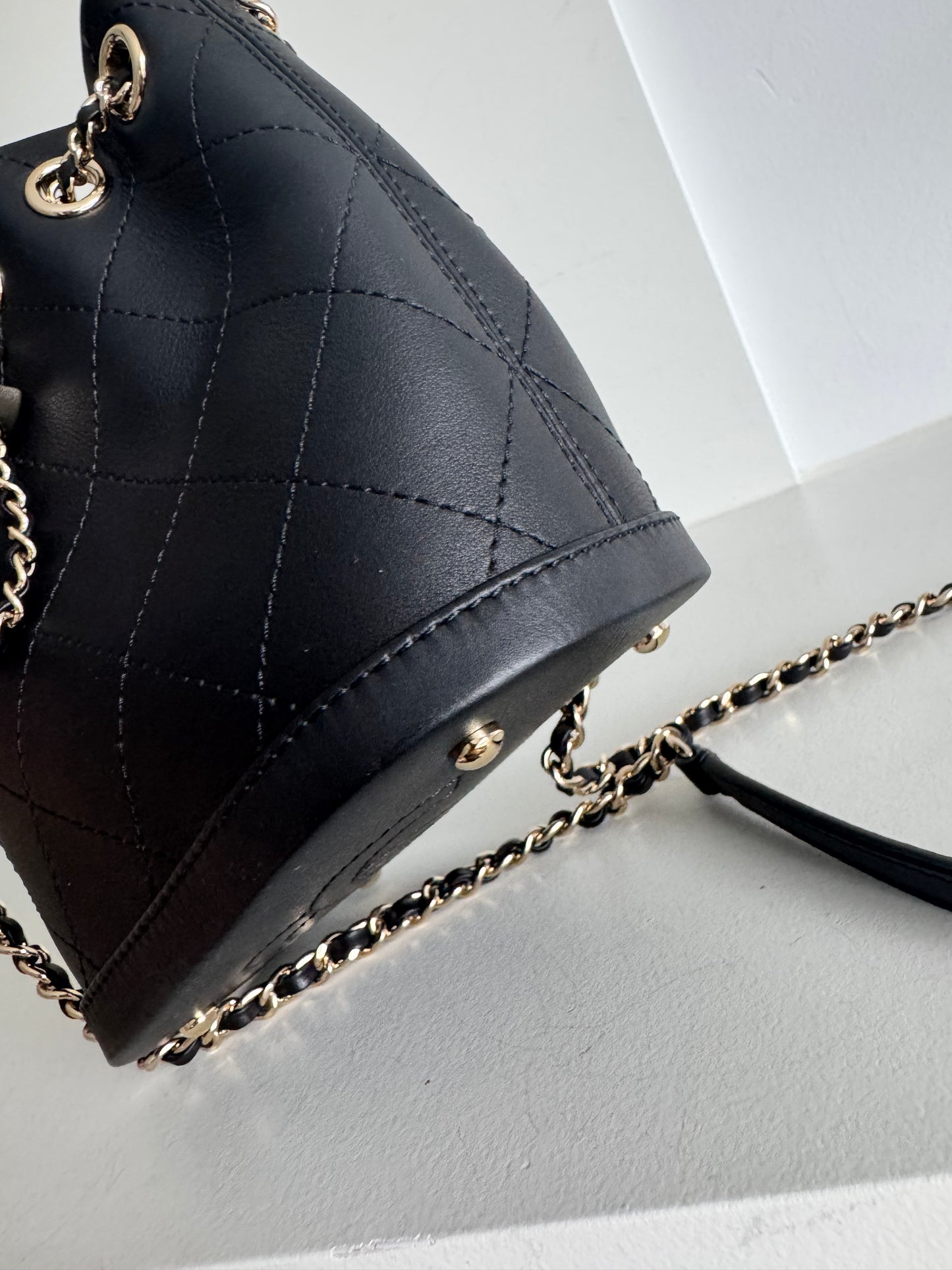 Chanel Calfskin Stitched Small Egyptian Amulet Drawstring Bag Black