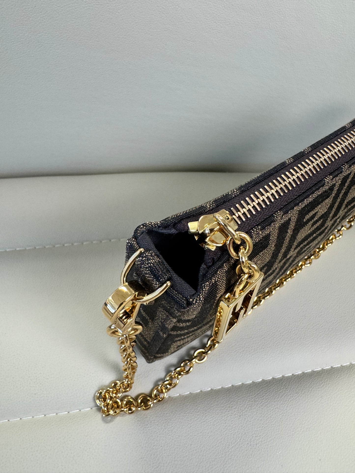 Fendi Baguette Pouch Brown jacquard FF fabric clutch with chain