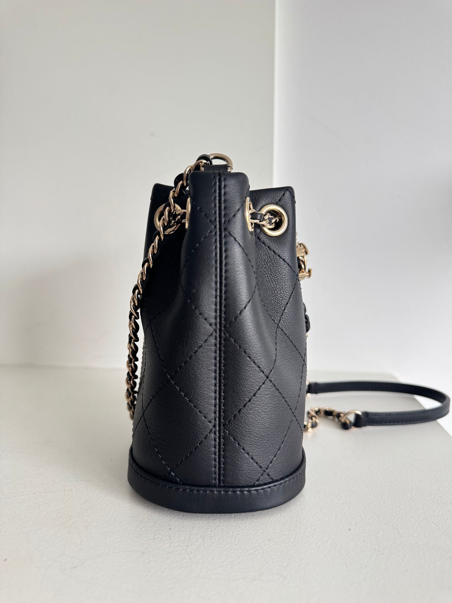 Chanel Calfskin Stitched Small Egyptian Amulet Drawstring Bag Black