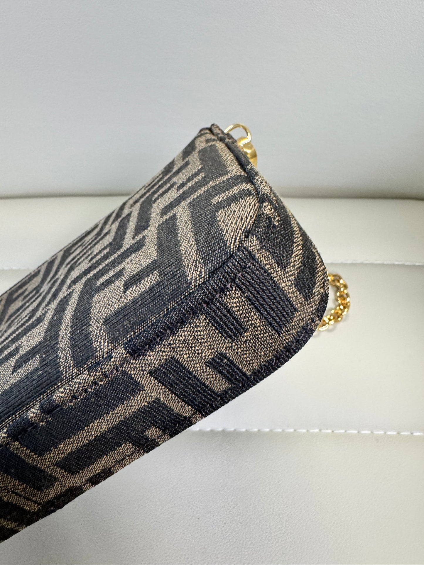 Fendi Baguette Pouch Brown jacquard FF fabric clutch with chain