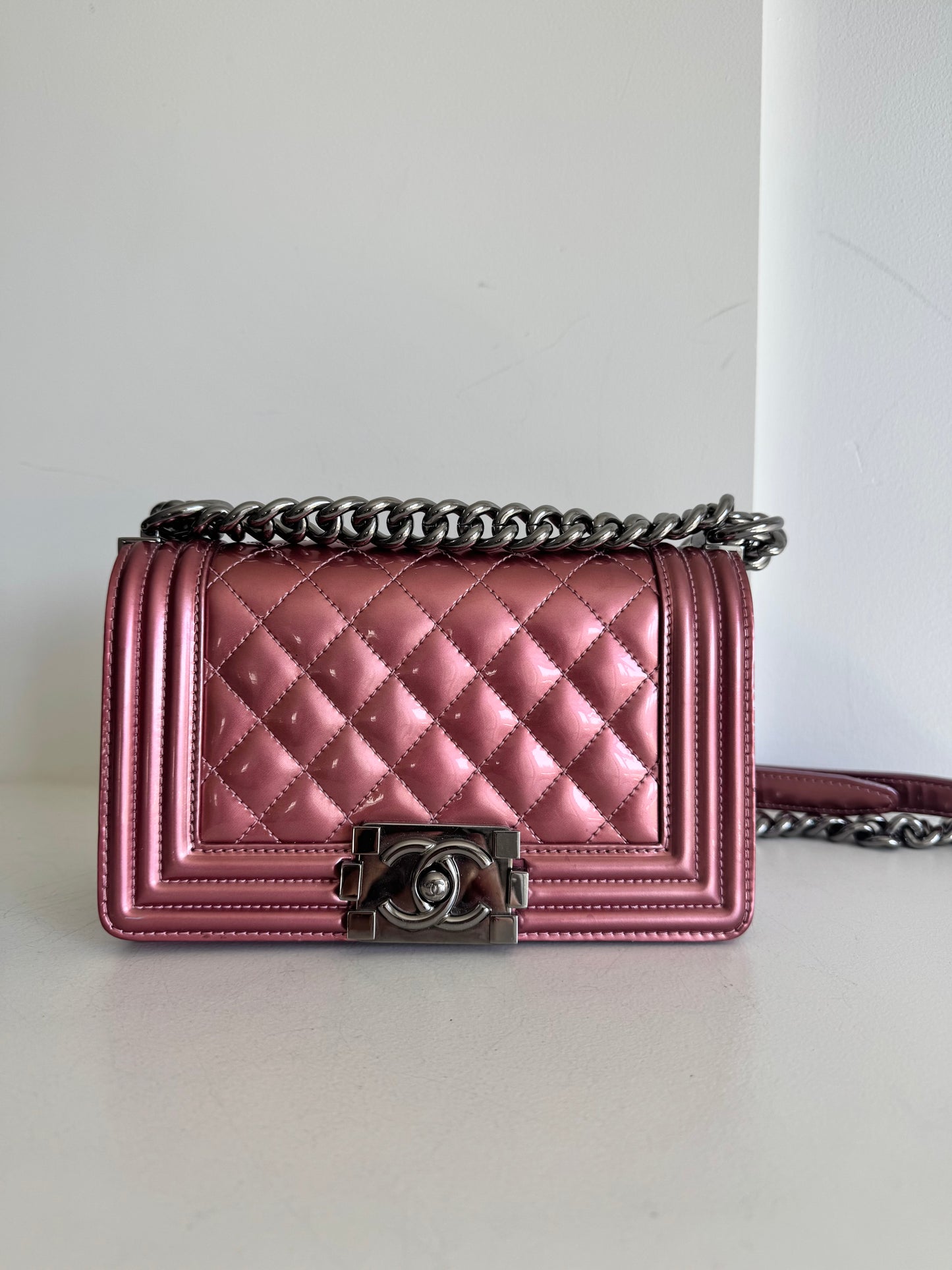 Chanel Metallic Patent Calfskin Quilted Small Boy Flap, Pink