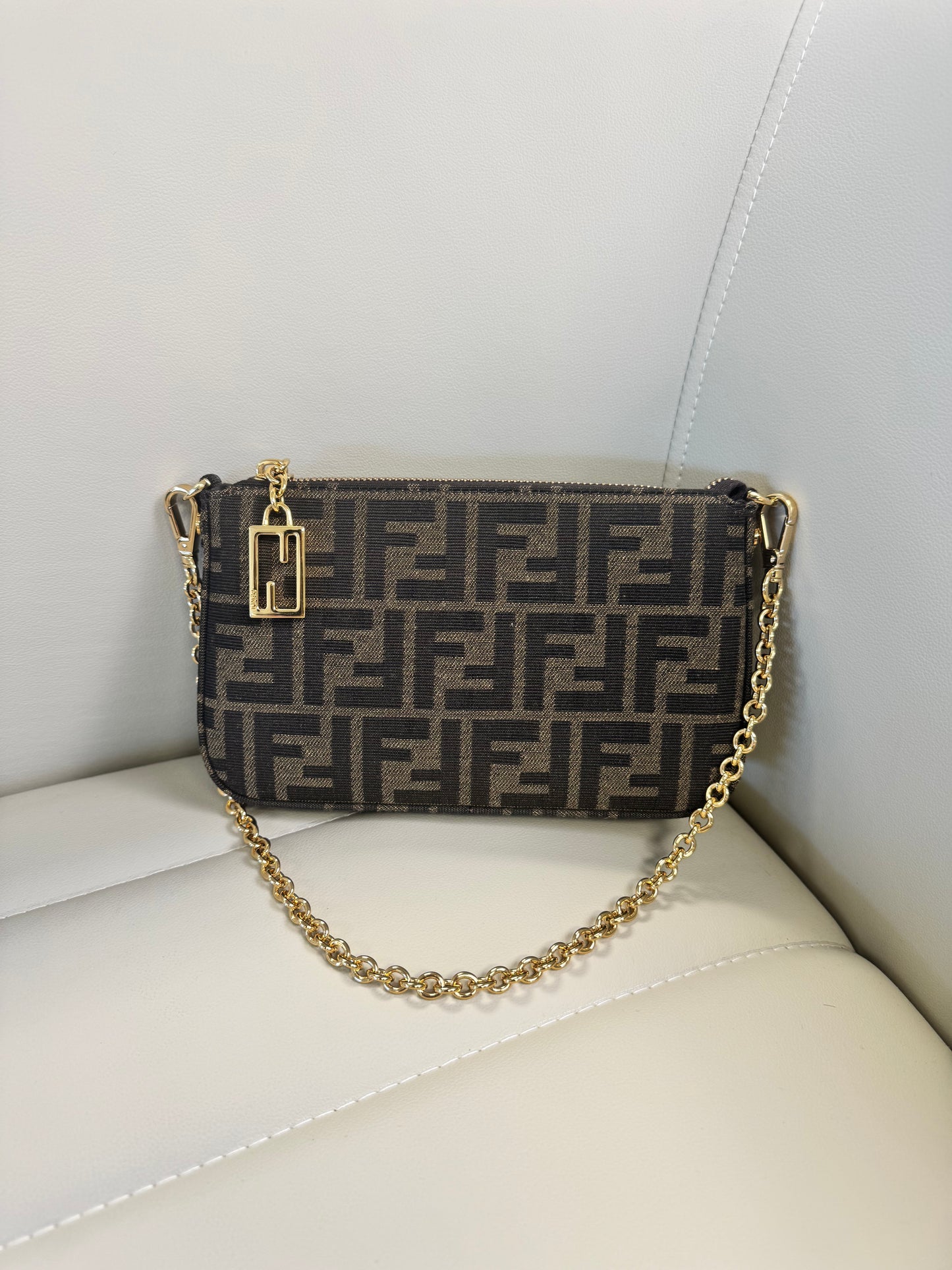 Fendi Baguette Pouch Brown jacquard FF fabric clutch with chain