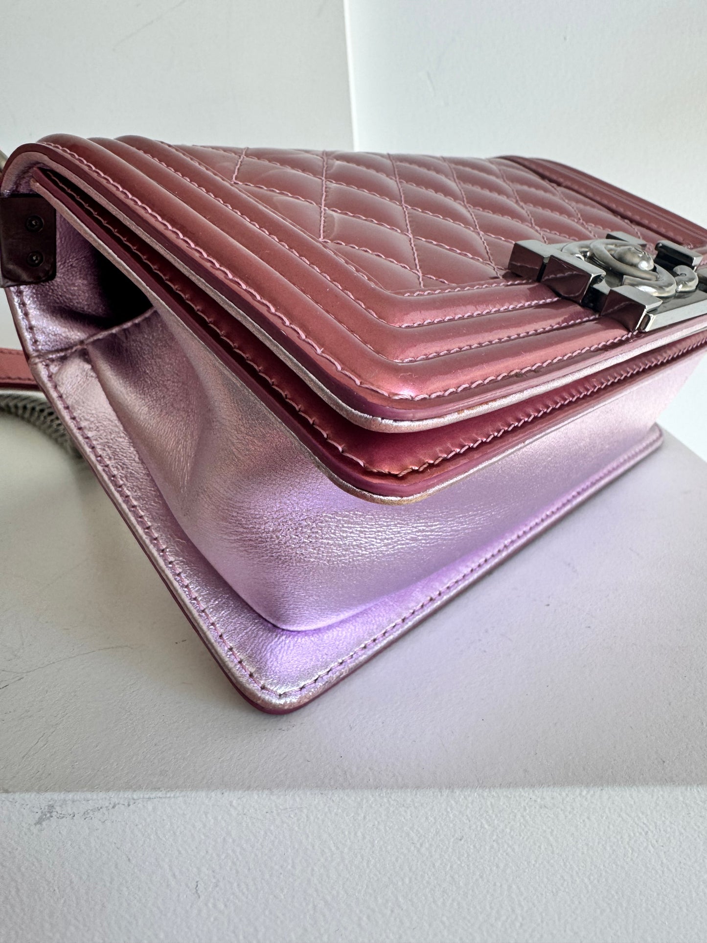 Chanel Metallic Patent Calfskin Quilted Small Boy Flap, Pink