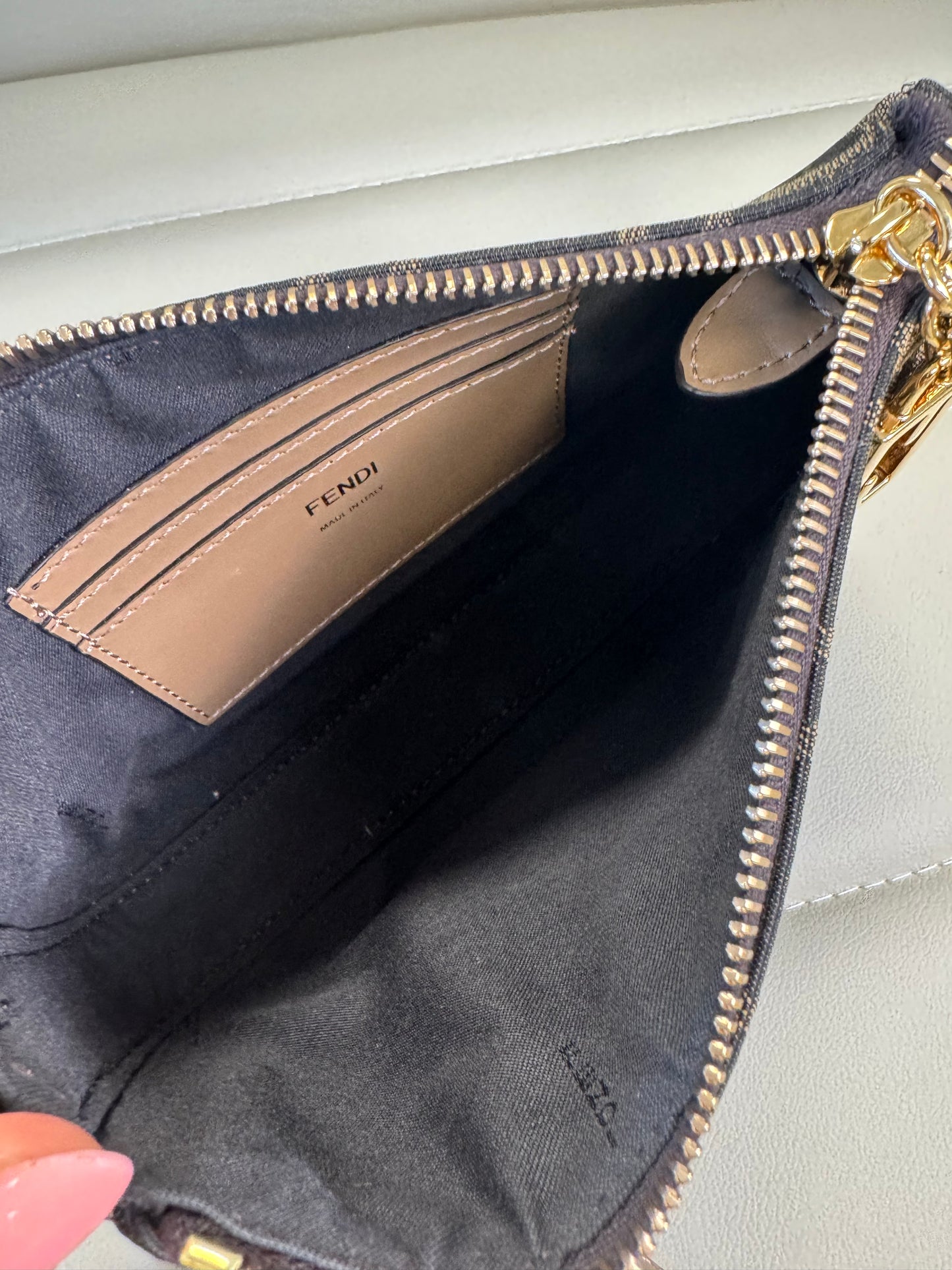 Fendi Baguette Pouch Brown jacquard FF fabric clutch with chain