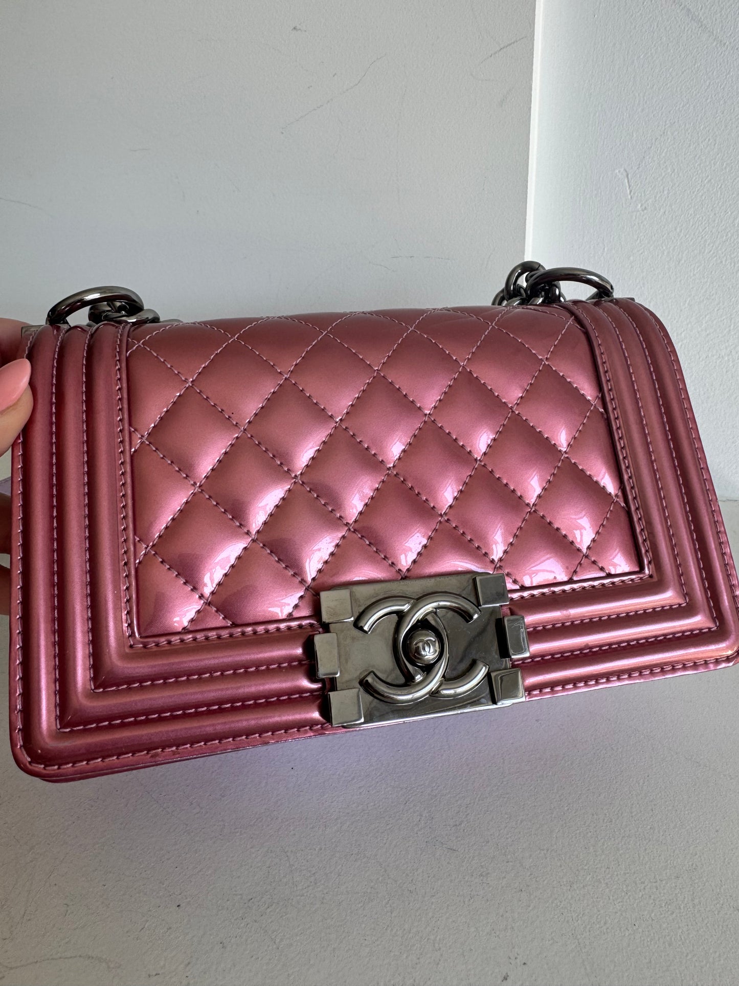 Chanel Metallic Patent Calfskin Quilted Small Boy Flap, Pink