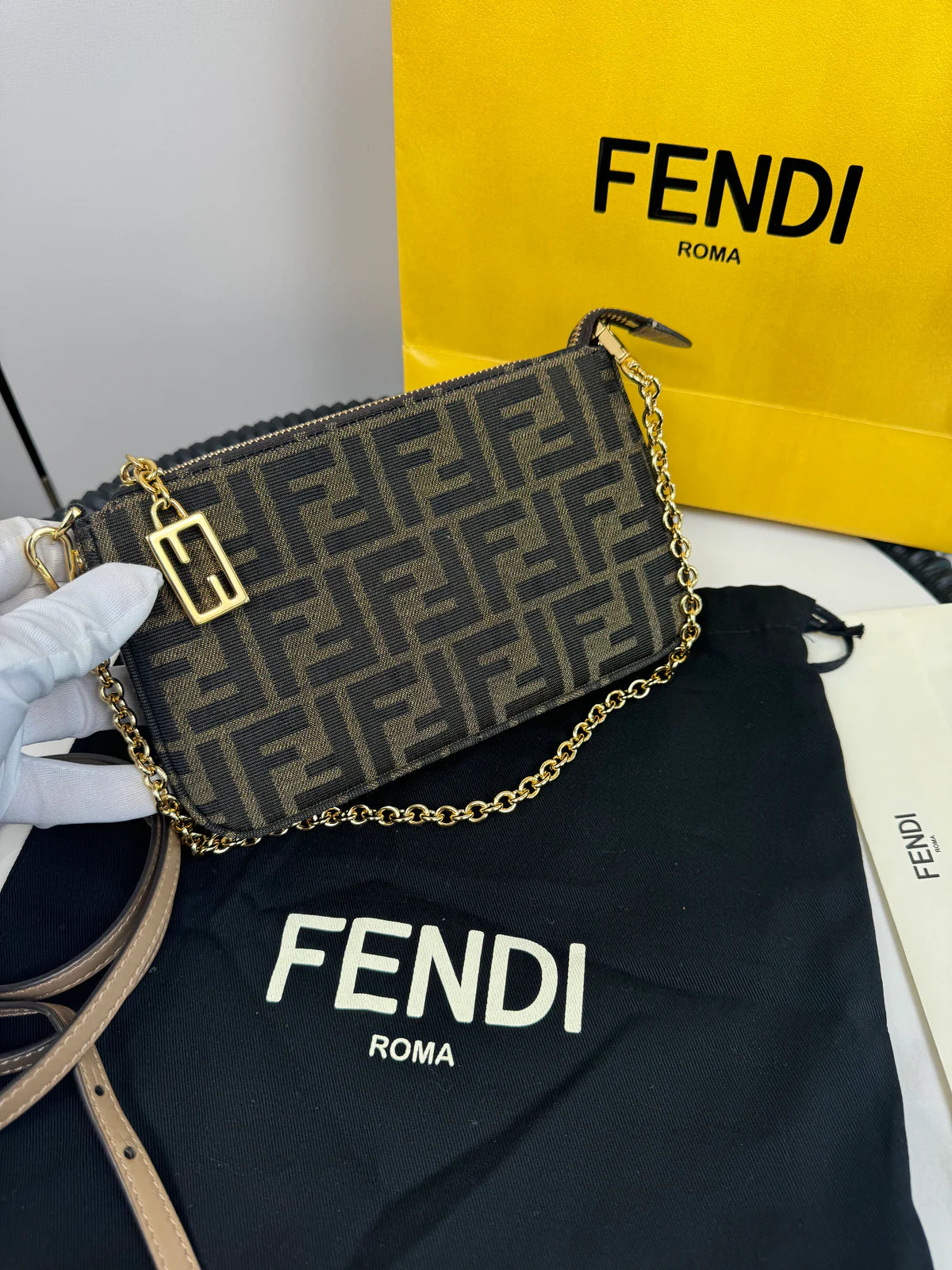 Fendi Baguette Pouch Brown jacquard FF fabric clutch with chain
