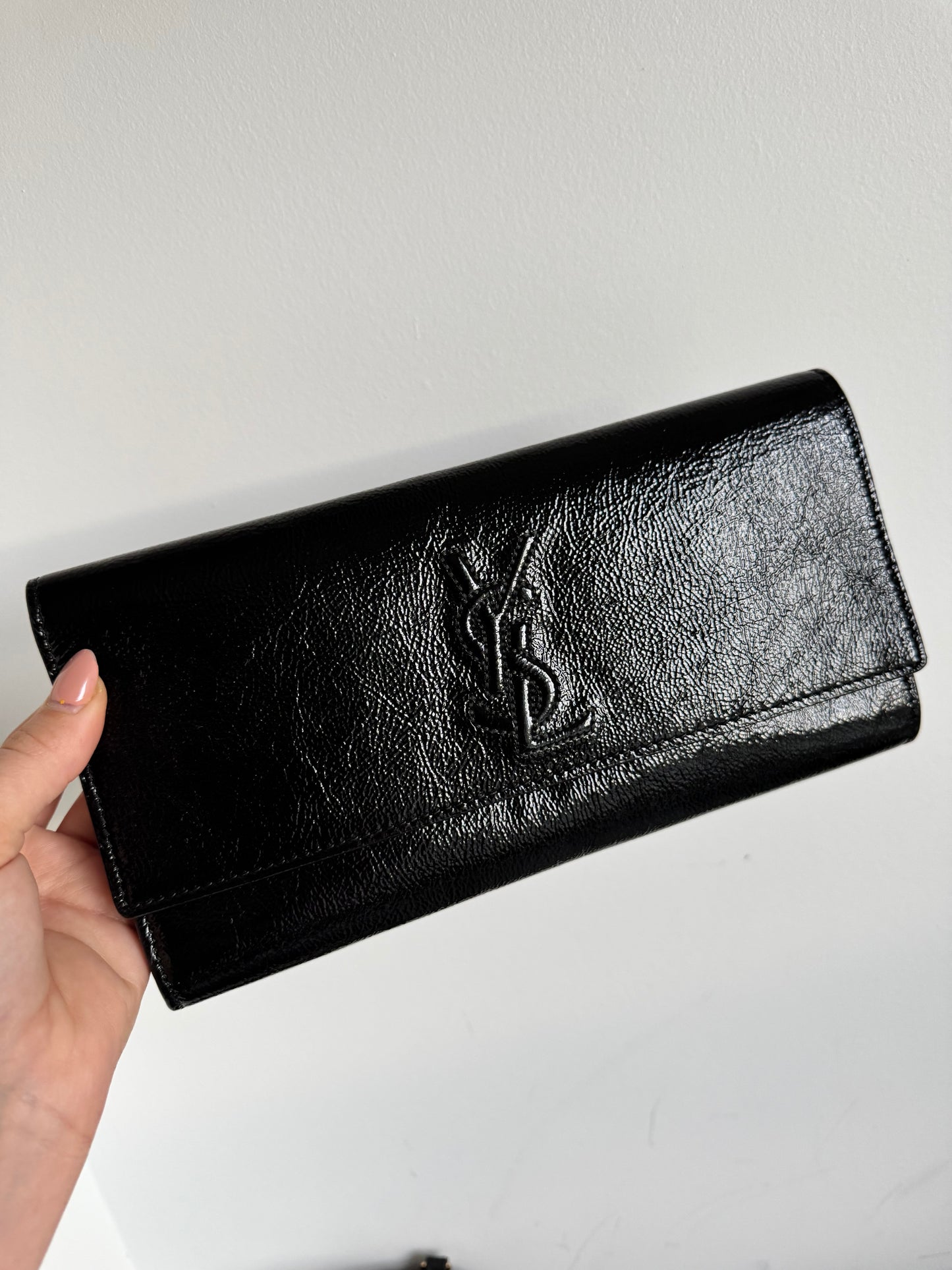 Saint Laurent black textured patent monogram belle de jour clutch