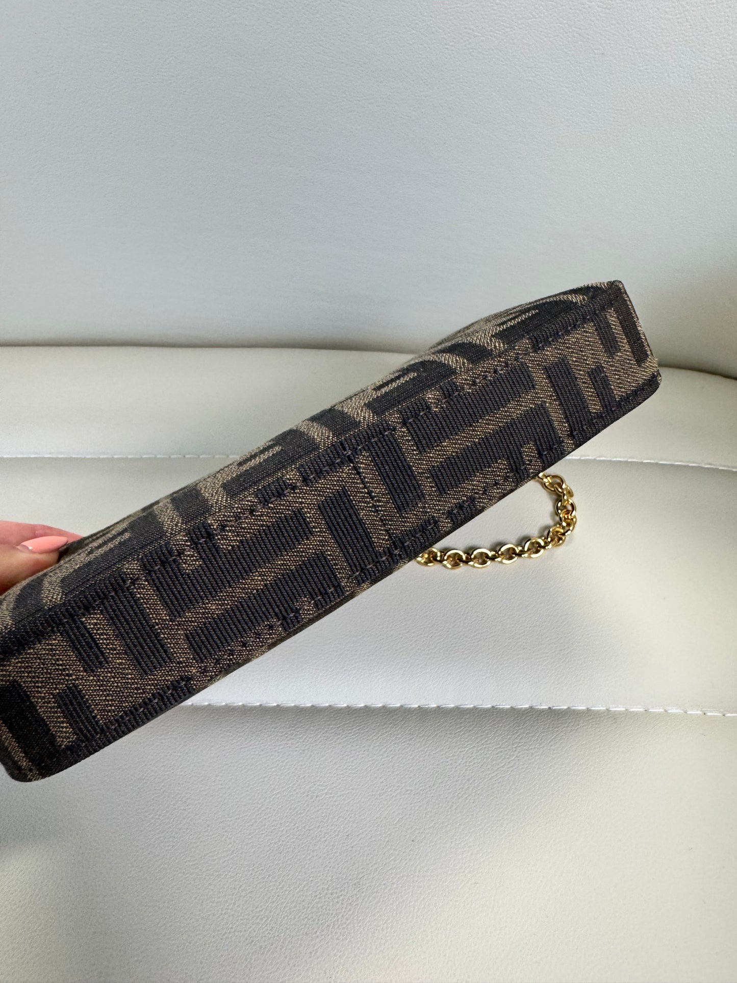 Fendi Baguette Pouch Brown jacquard FF fabric clutch with chain
