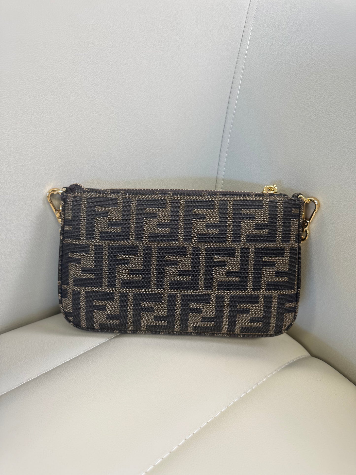 Fendi Baguette Pouch Brown jacquard FF fabric clutch with chain