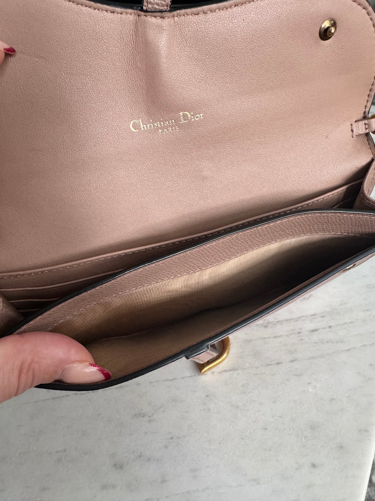 Christian Dior Saddle pouch on chain. Dusty pink
