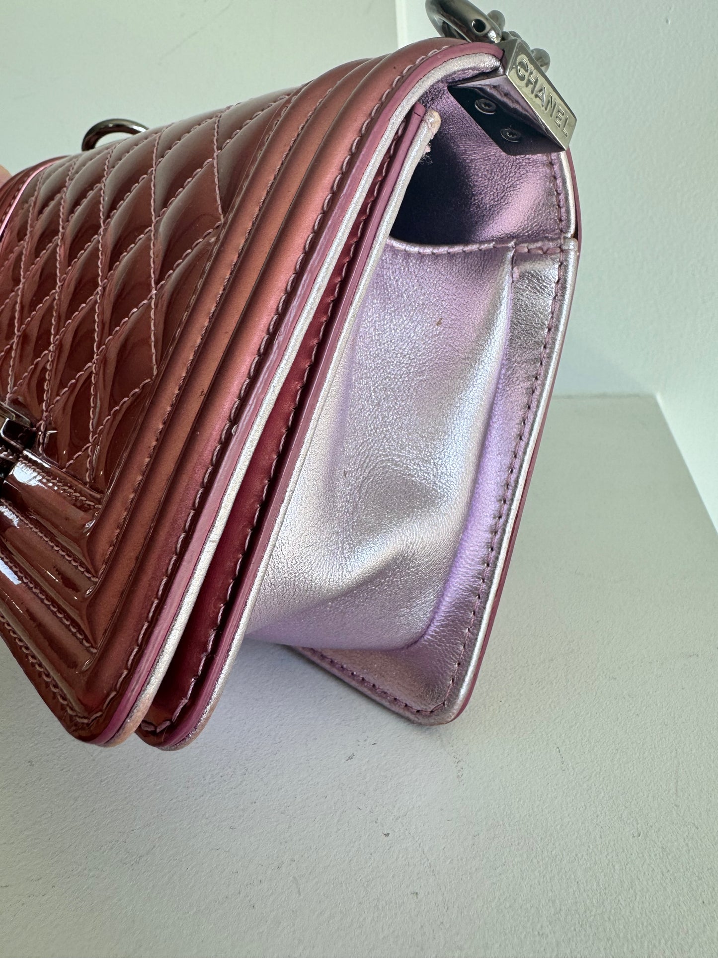 Chanel Metallic Patent Calfskin Quilted Small Boy Flap, Pink