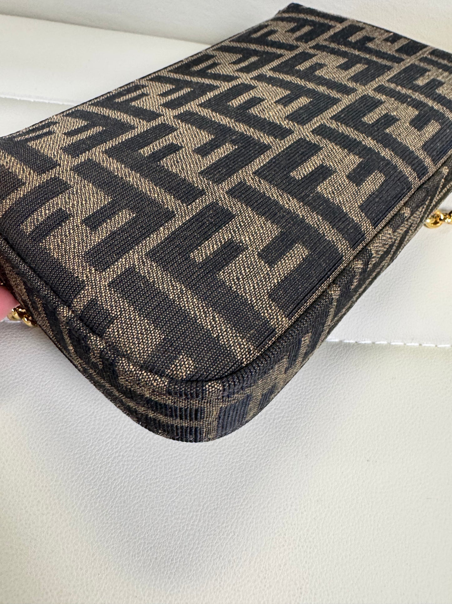 Fendi Baguette Pouch Brown jacquard FF fabric clutch with chain