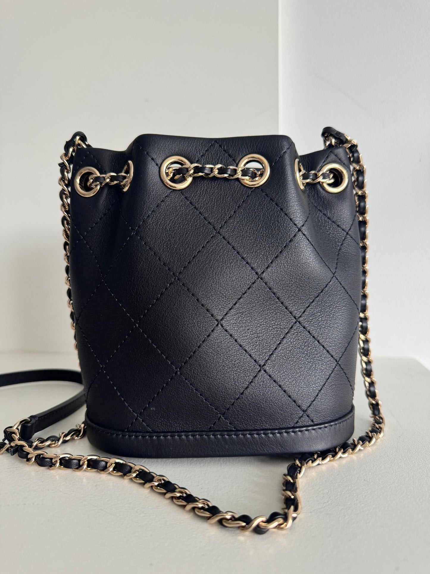 Chanel Calfskin Stitched Small Egyptian Amulet Drawstring Bag Black
