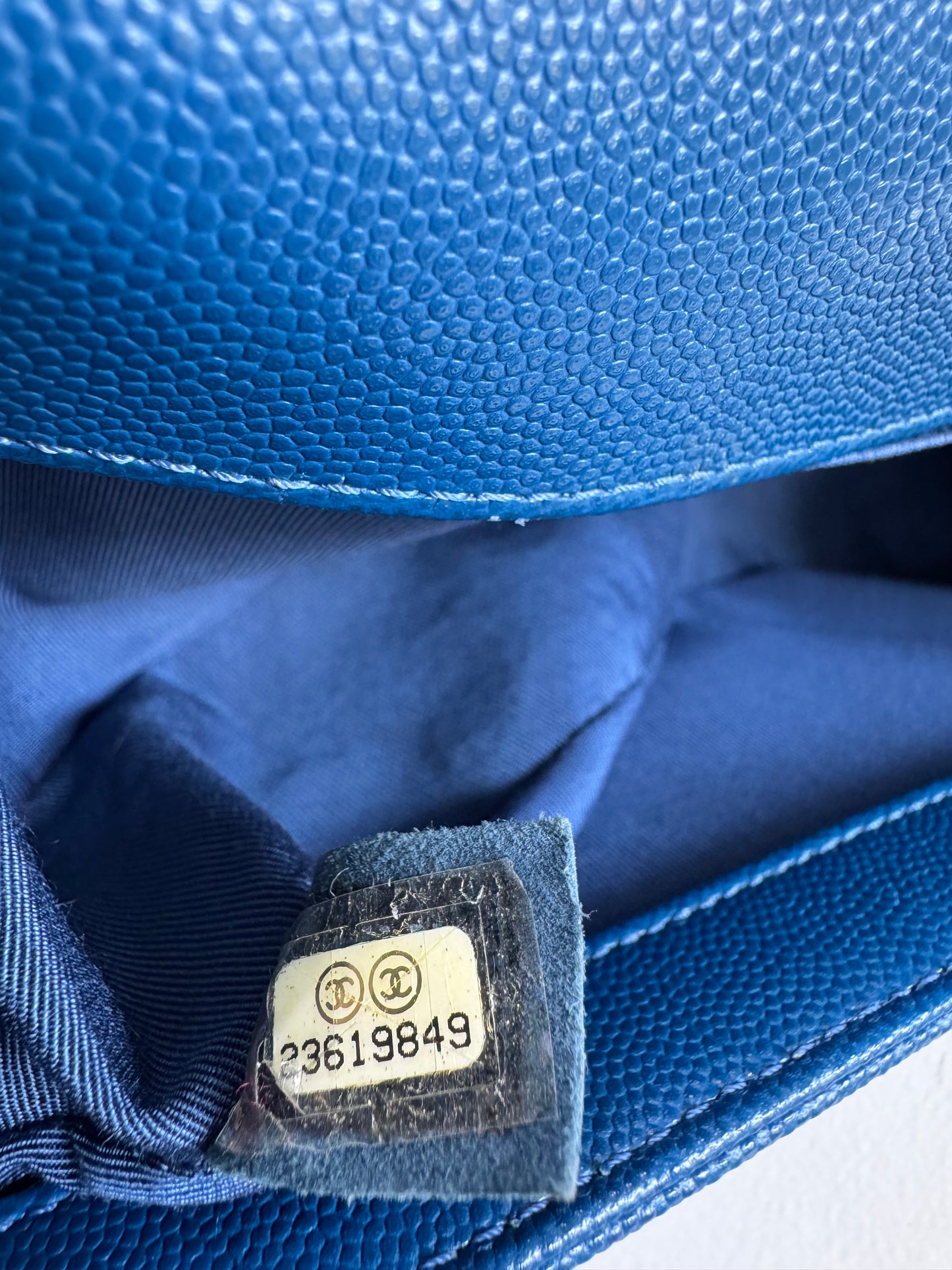 Chanel old medium blue caviar boy bag RHW