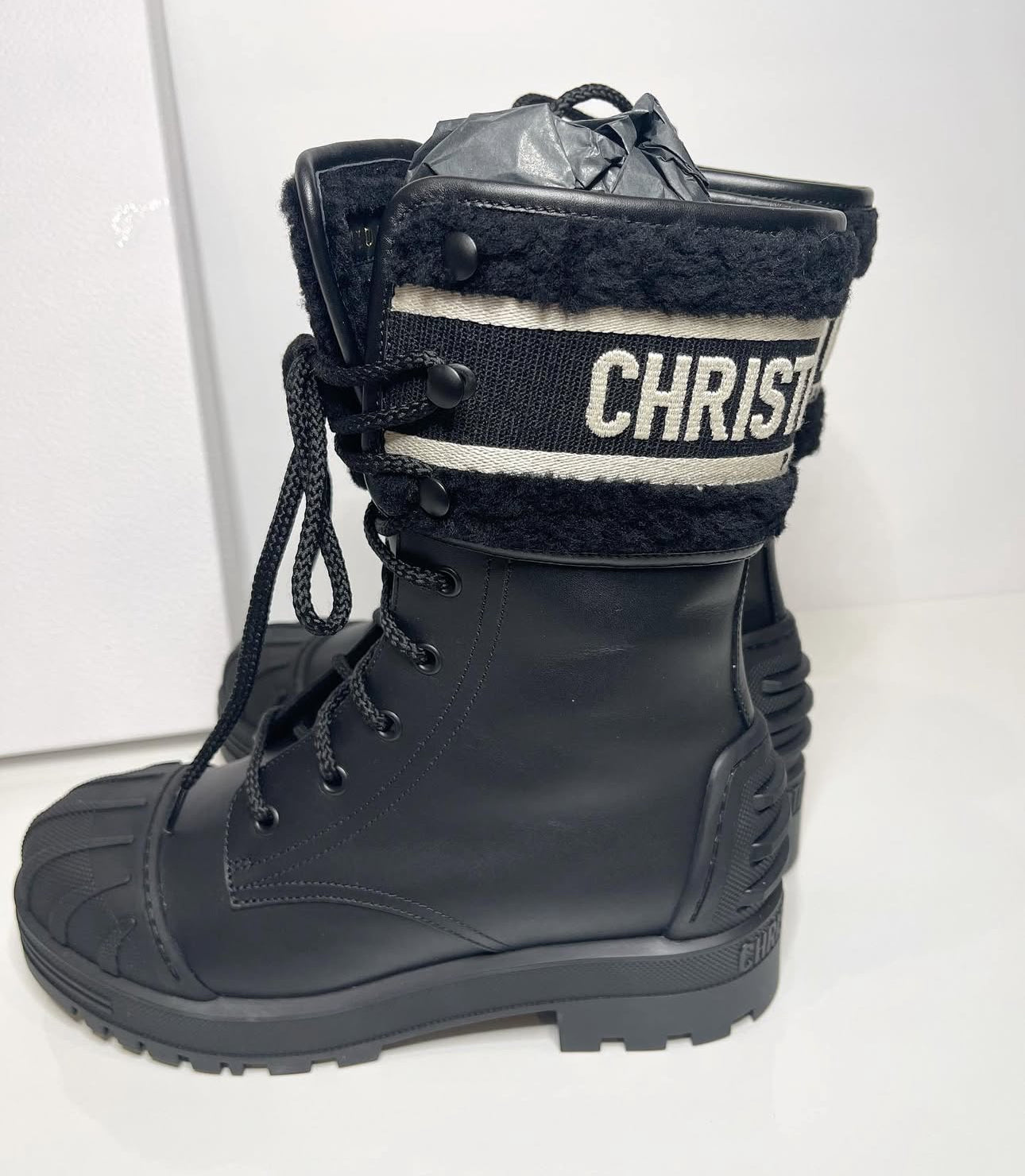CHRISTIAN DIOR Major Shearling-Trimmed Leather Combat Boots