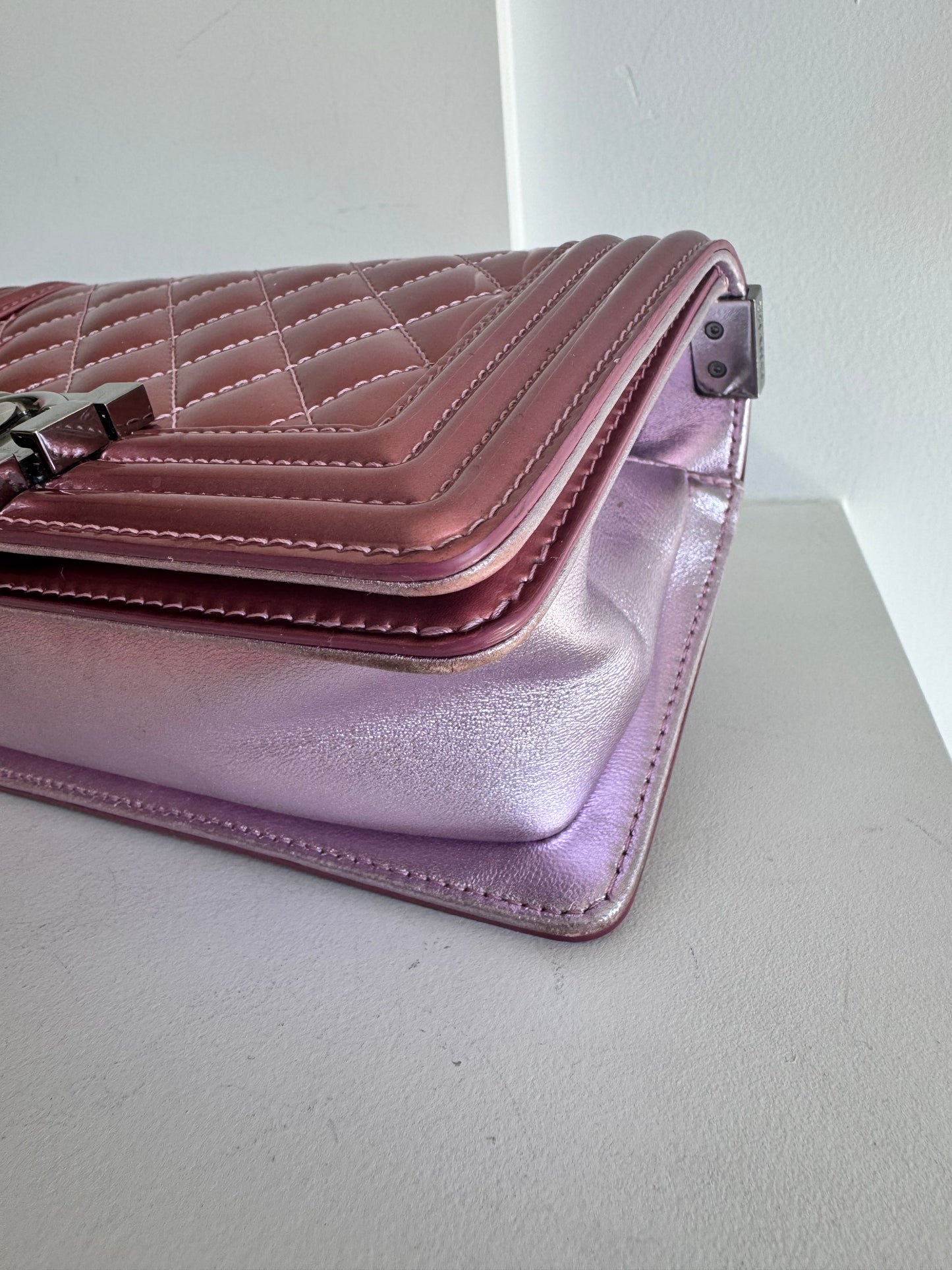 Chanel Metallic Patent Calfskin Quilted Small Boy Flap, Pink