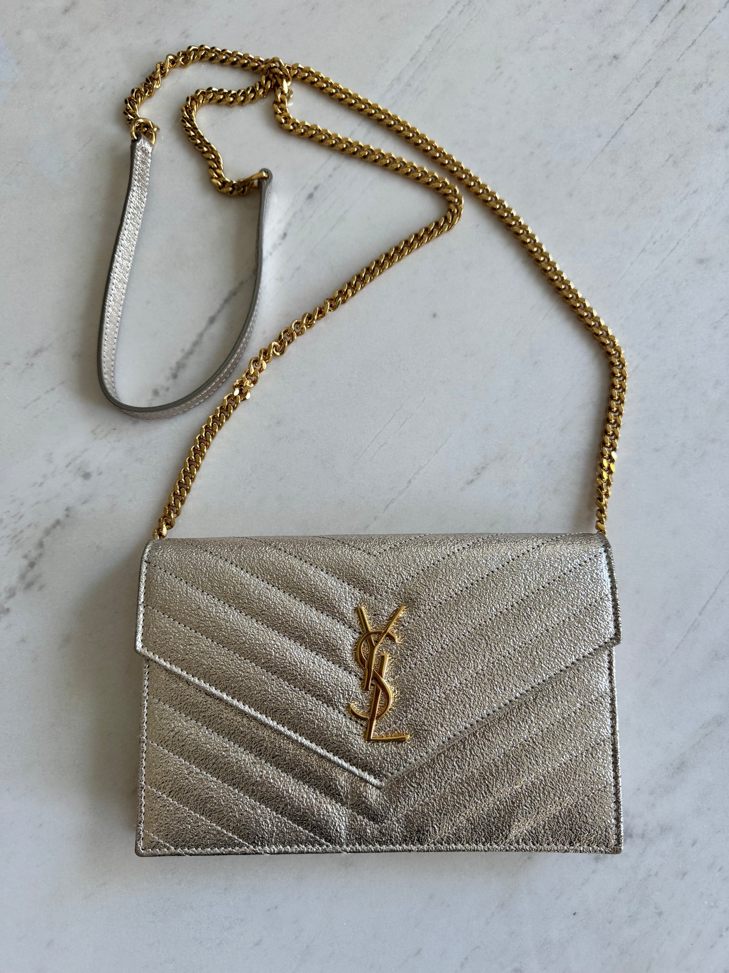 Saint Laurent Metallic Gold Matelasse Leather Monogram Envelope WOC