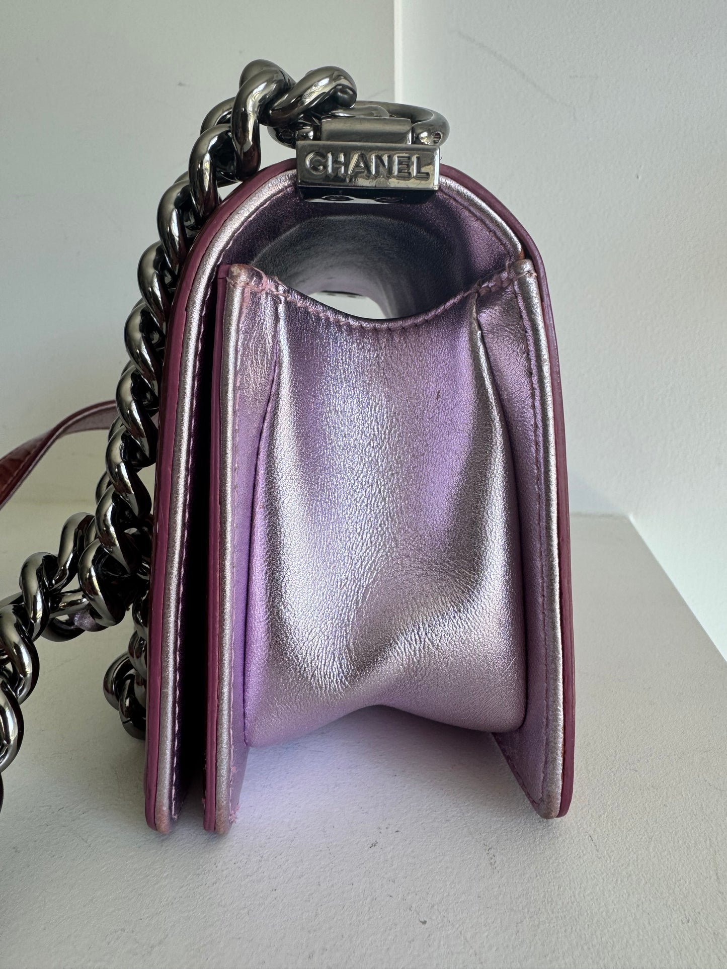 Chanel Metallic Patent Calfskin Quilted Small Boy Flap, Pink