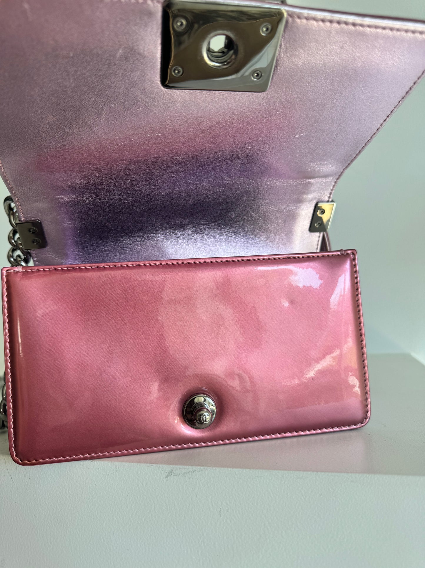 Chanel Metallic Patent Calfskin Quilted Small Boy Flap, Pink