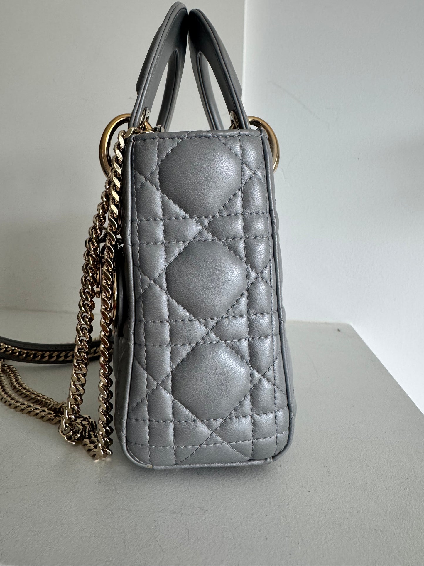 Christian Dior Mini Lady Pearl Grey Lambskin W/LGHW