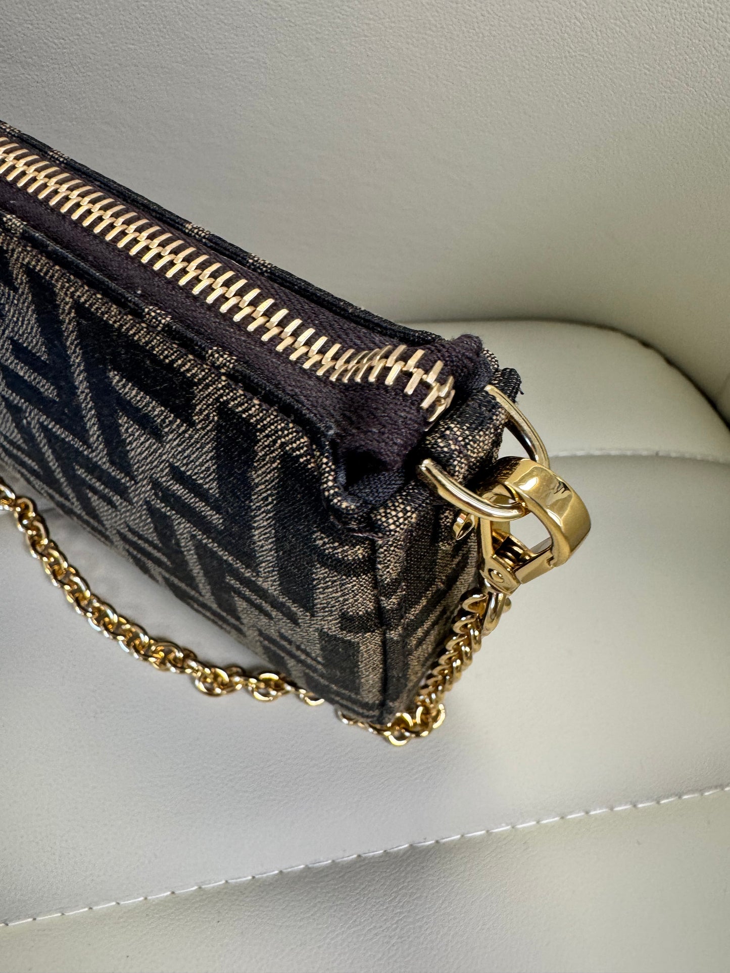 Fendi Baguette Pouch Brown jacquard FF fabric clutch with chain