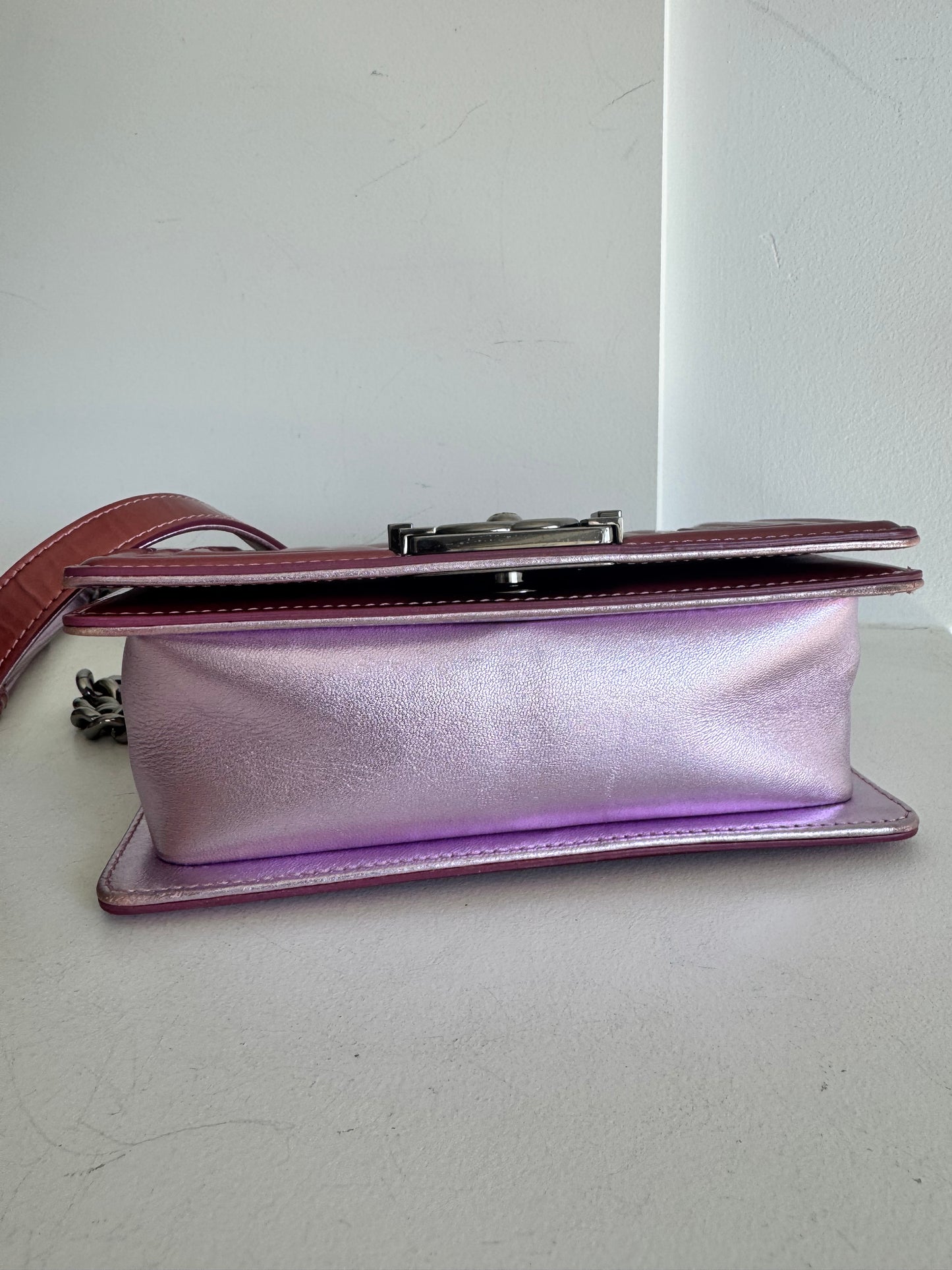 Chanel Metallic Patent Calfskin Quilted Small Boy Flap, Pink