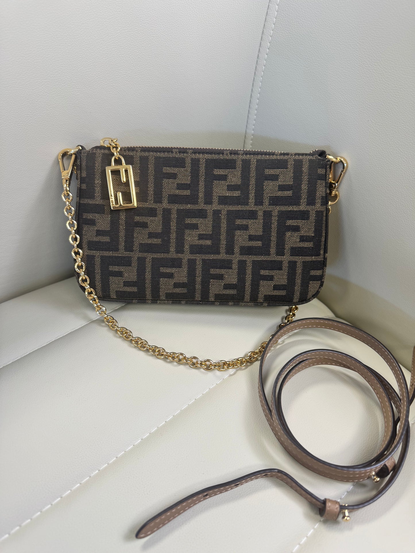 Fendi Baguette Pouch Brown jacquard FF fabric clutch with chain