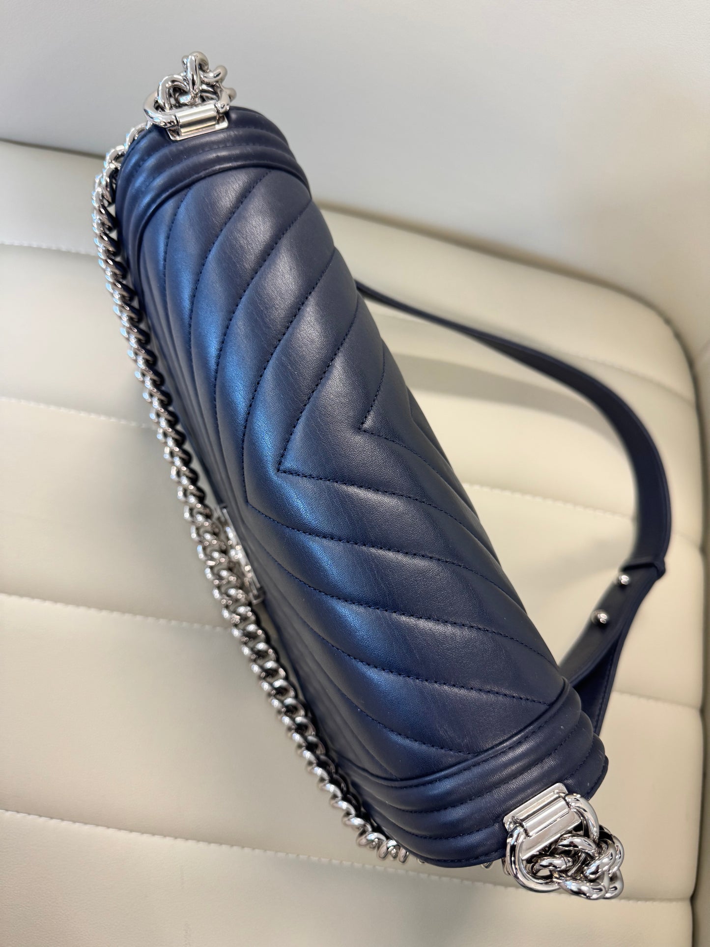 Chanel Lambskin Chevron Quilted New Medium Boy, Navy Blue