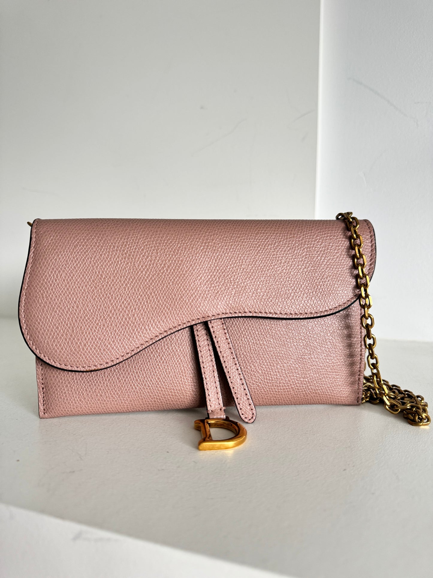 Christian Dior Saddle pouch on chain. Dusty pink