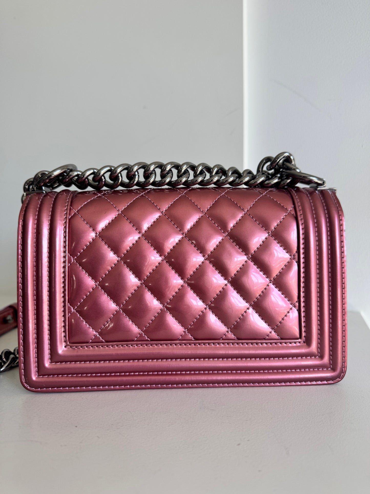 Chanel Metallic Patent Calfskin Quilted Small Boy Flap, Pink
