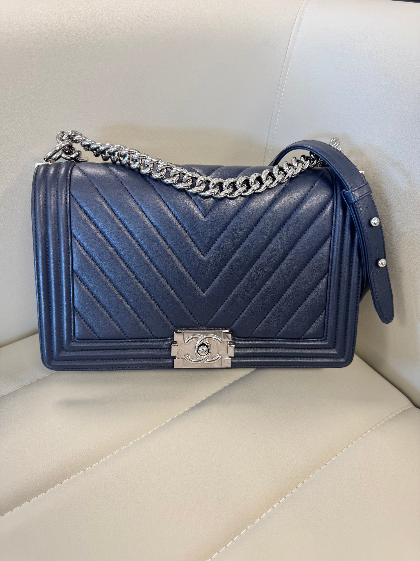 Chanel Lambskin Chevron Quilted New Medium Boy, Navy Blue