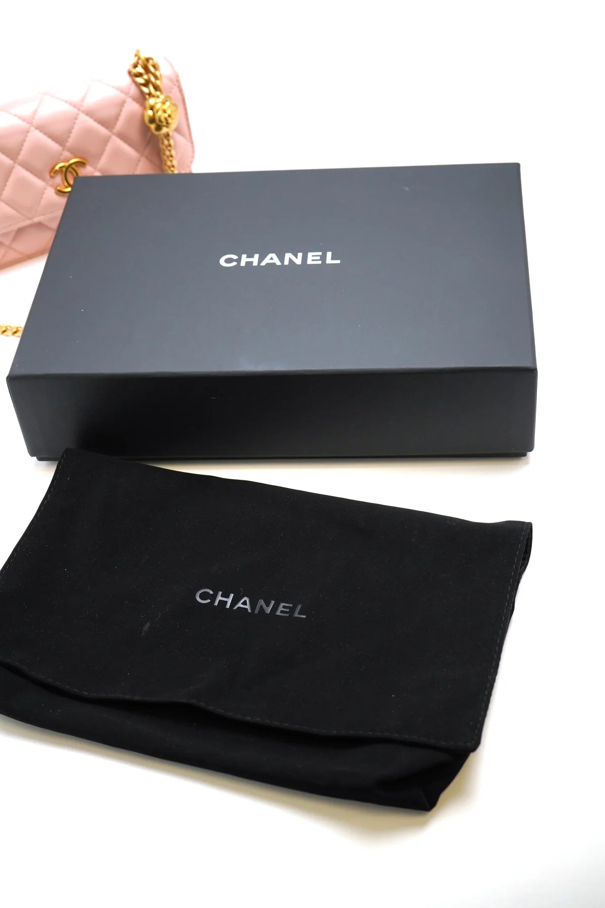 Chanel Camellia Phone Holder With Chain Light Pink