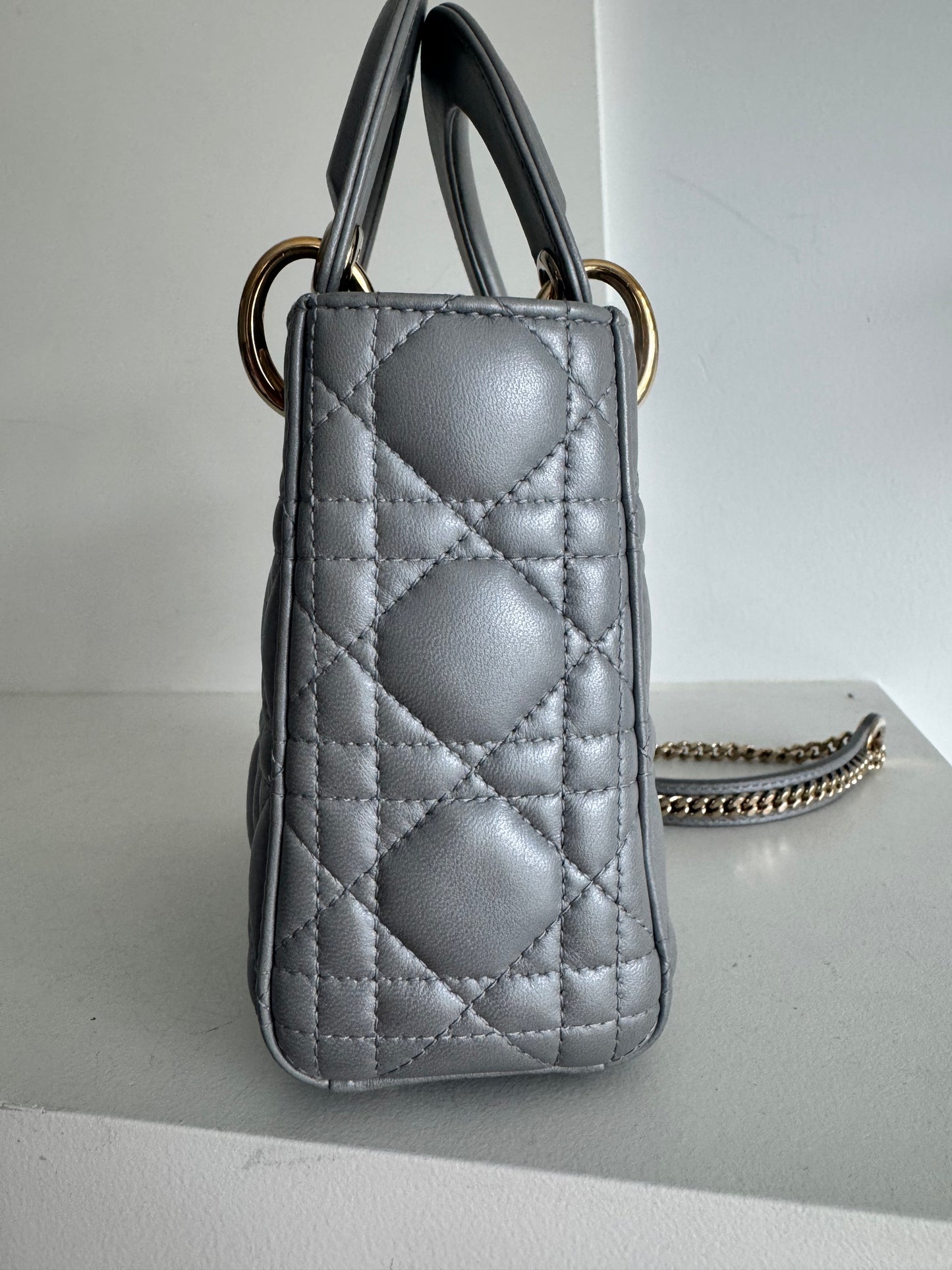 Christian Dior Mini Lady Pearl Grey Lambskin W/LGHW
