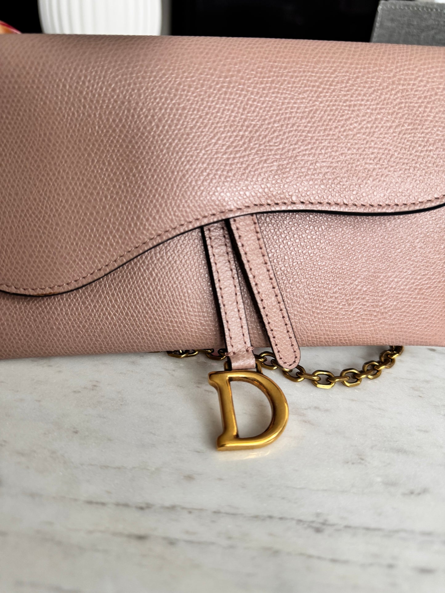 Christian Dior Saddle pouch on chain. Dusty pink