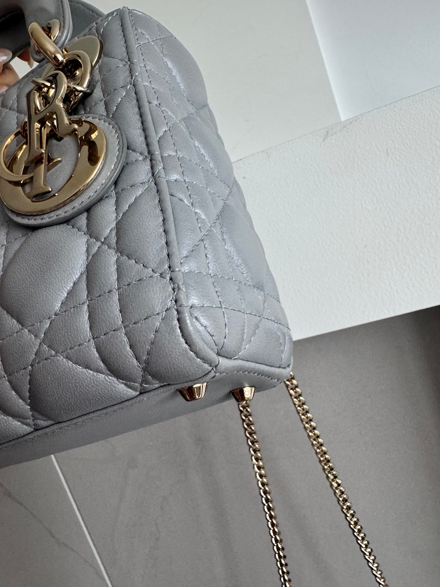 Christian Dior Mini Lady Pearl Grey Lambskin W/LGHW