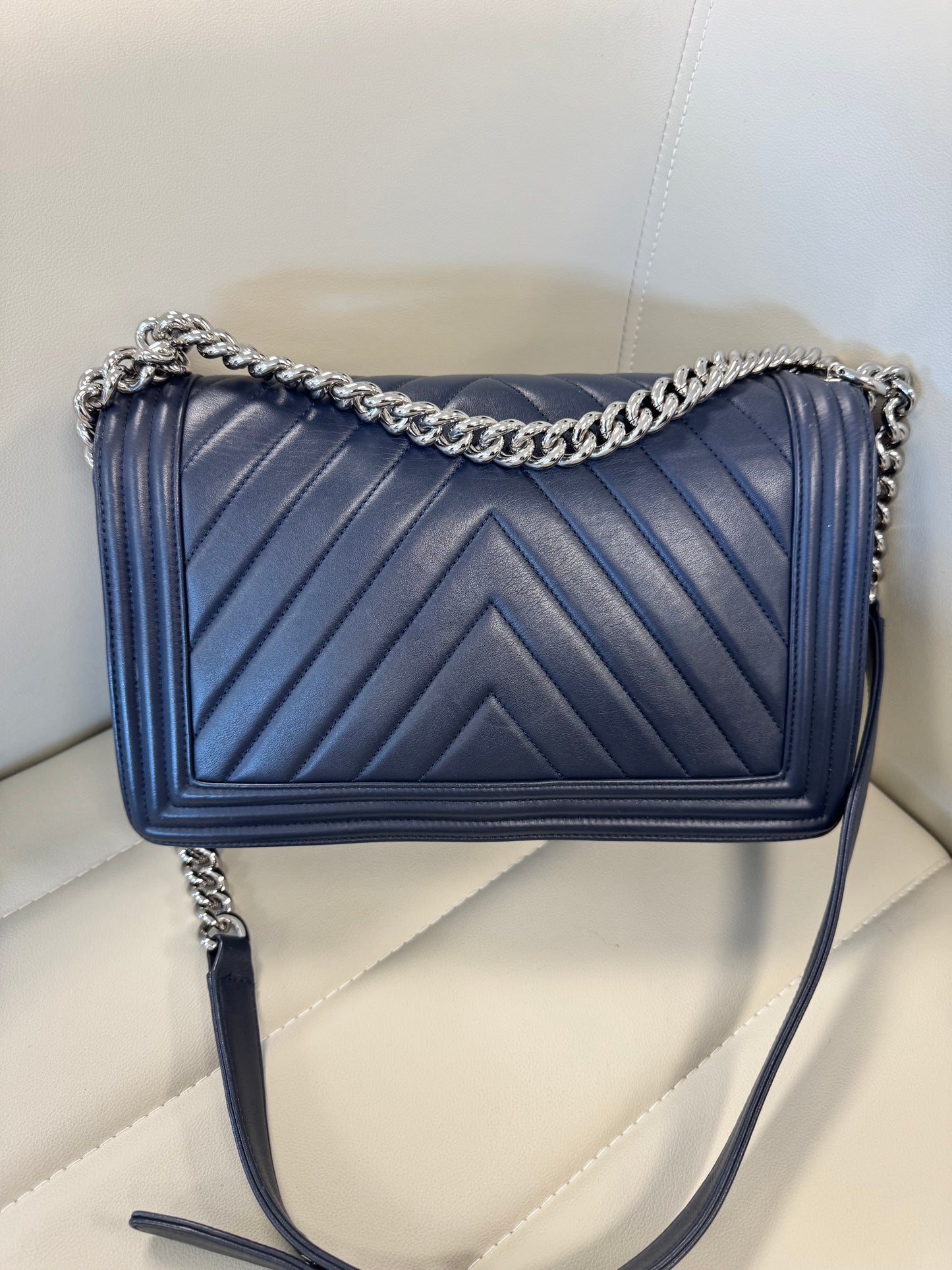 Chanel Lambskin Chevron Quilted New Medium Boy, Navy Blue