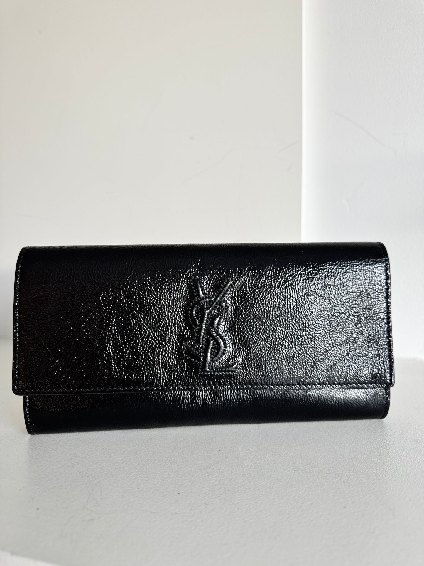 Saint Laurent black textured patent monogram belle de jour clutch