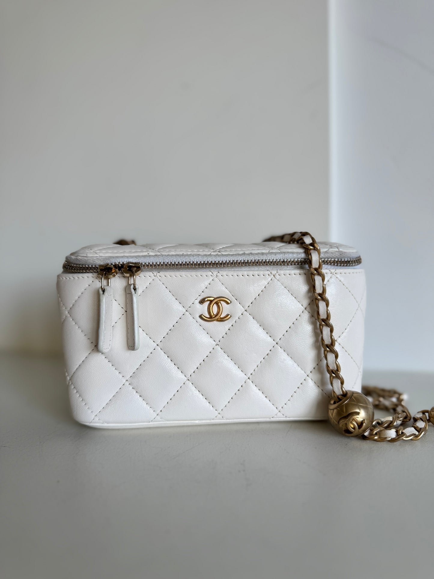 Chanel lambskin pearl crush small vanity bag , white