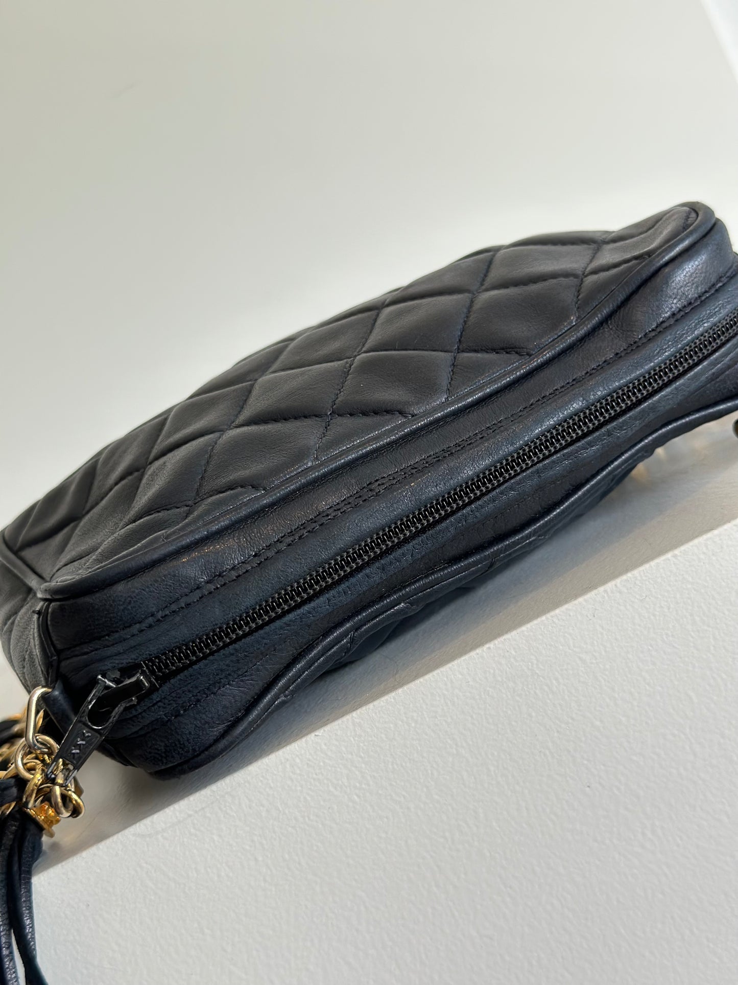 Chanel vintage camera bag with tassel, navy blue leather