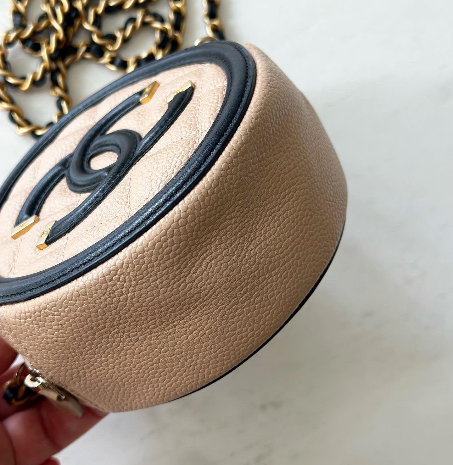 CC Caviar Quilted Round Filigree Crossbody Beige/black