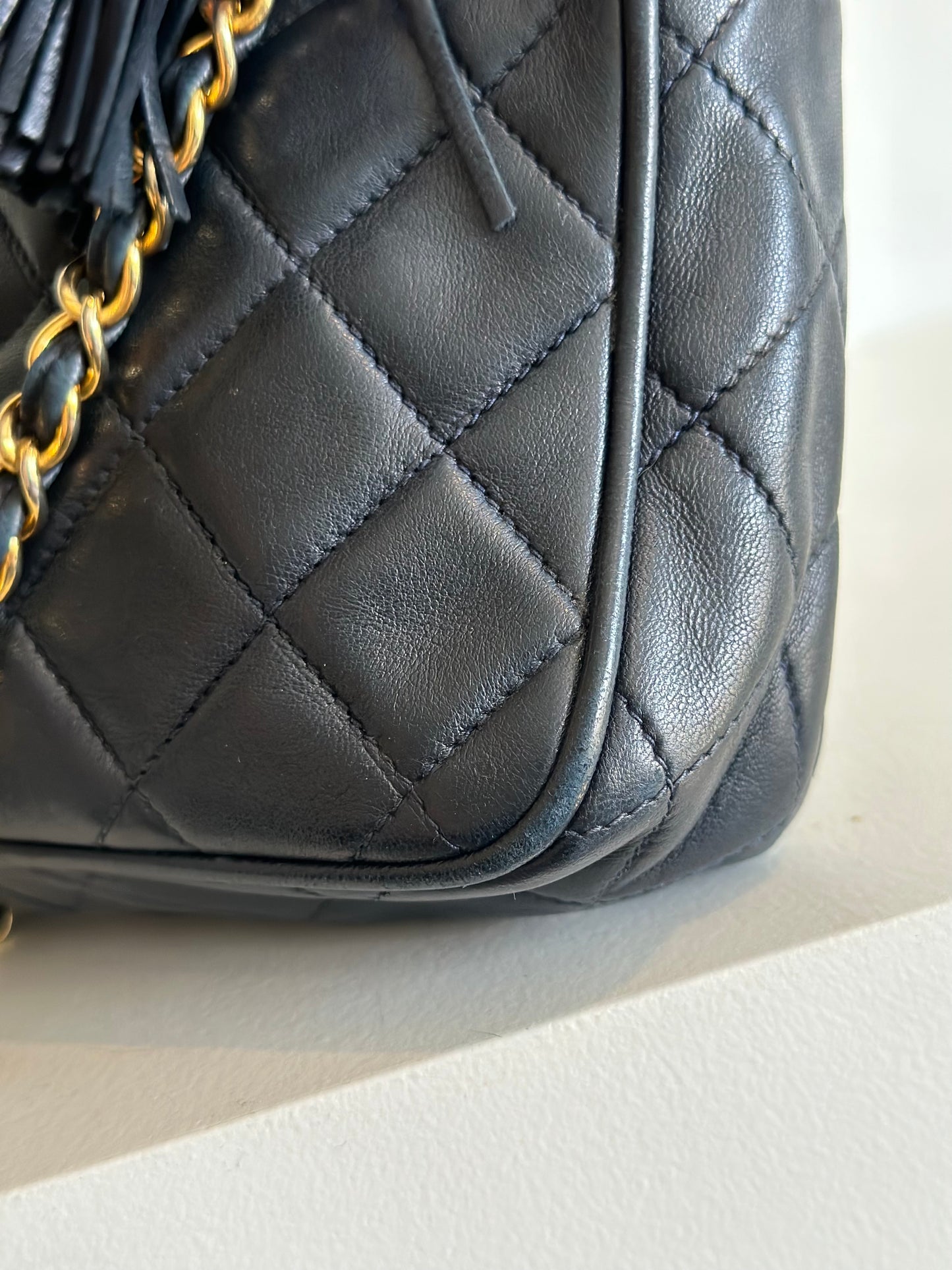 Chanel vintage camera bag with tassel, navy blue leather