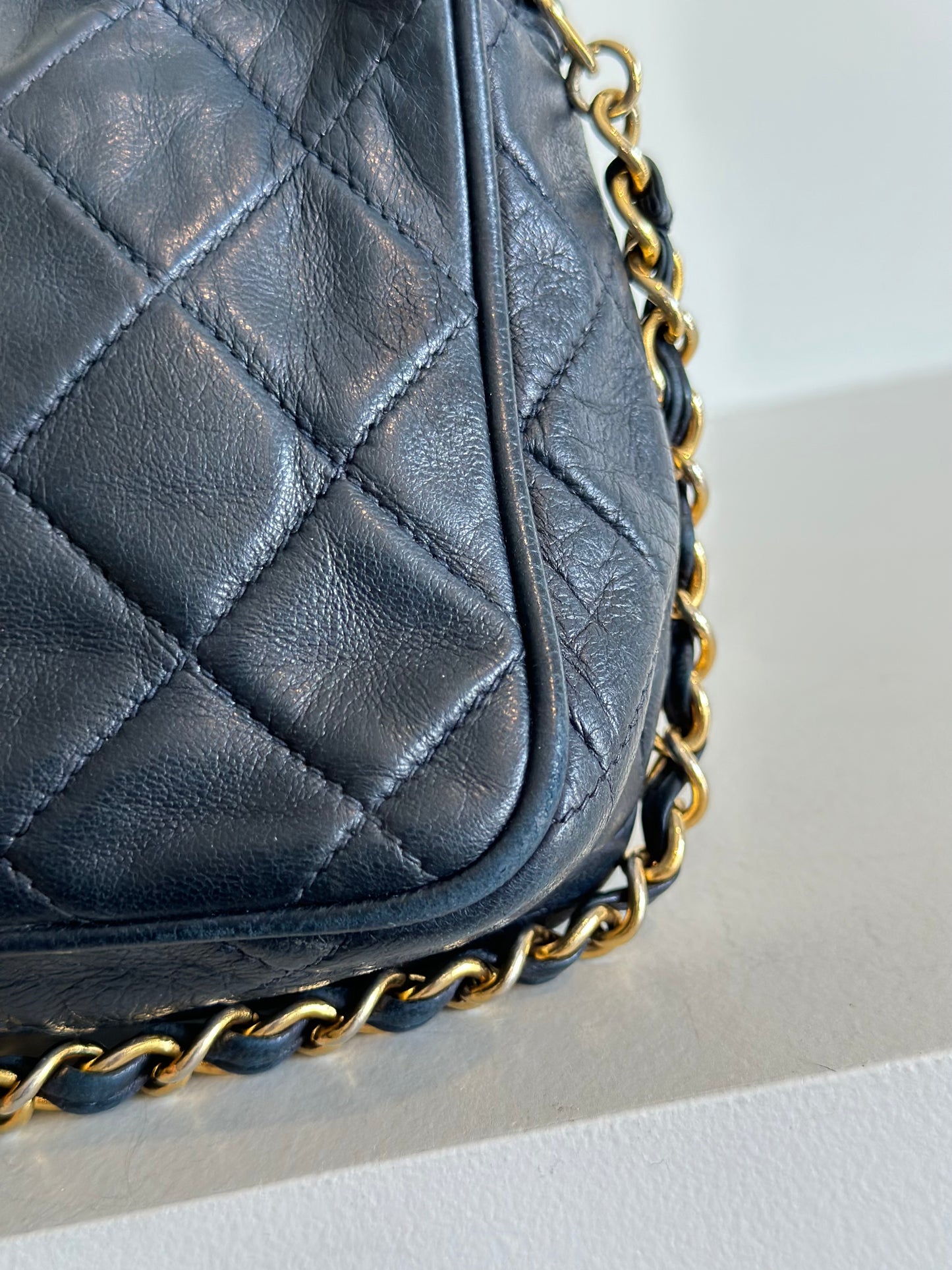 Chanel vintage camera bag with tassel, navy blue leather